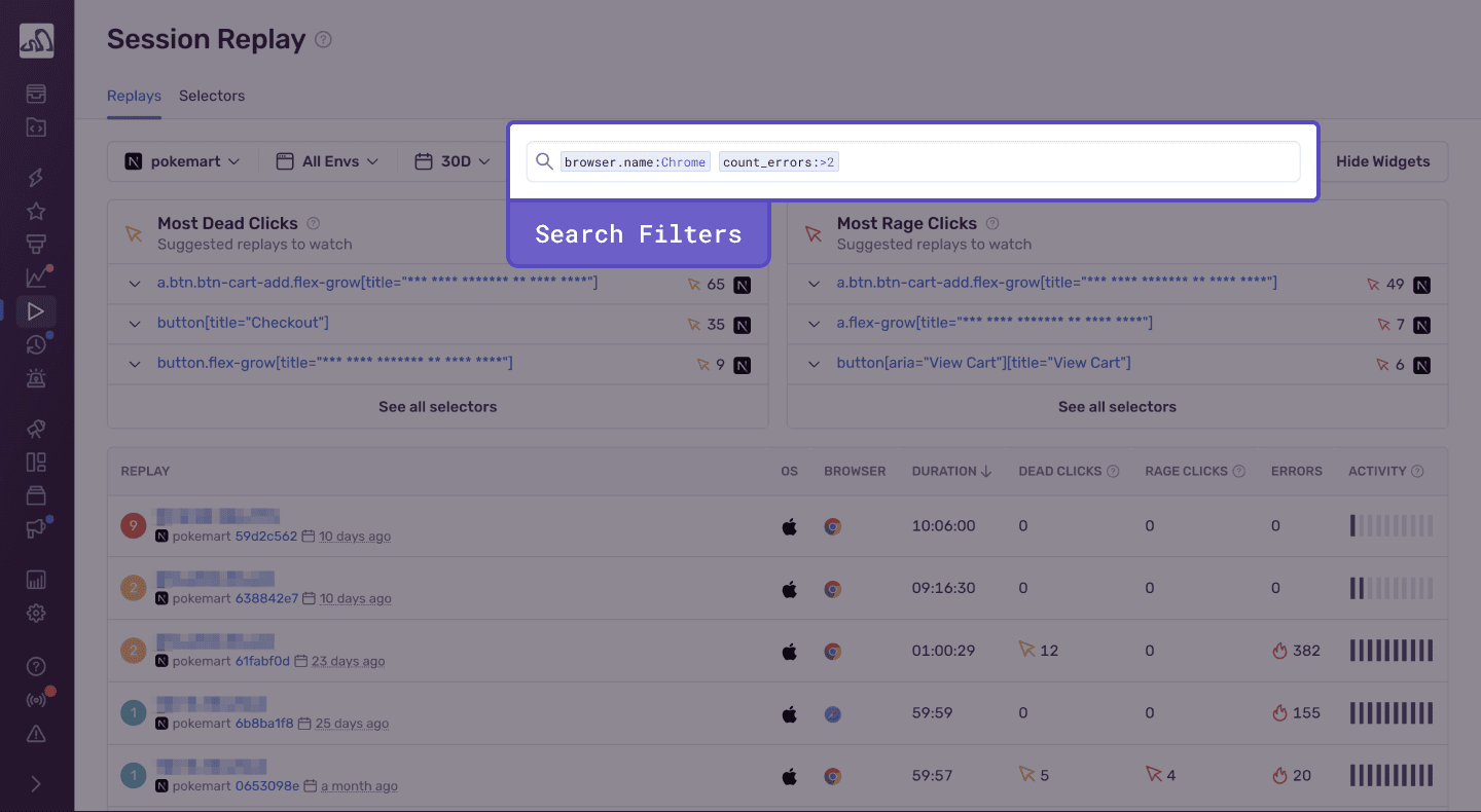 Highlight the Search Filters input on the Session Replay Index Page