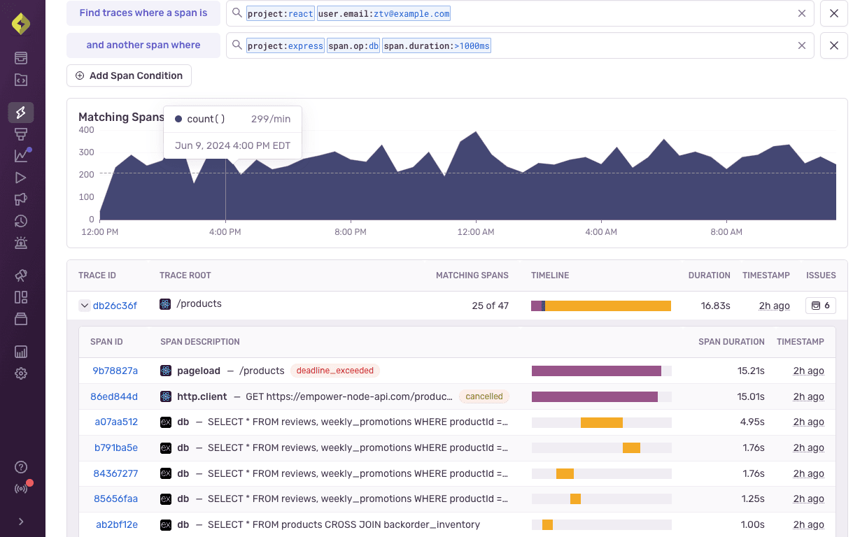 View of trace explorer with multple span conditions set